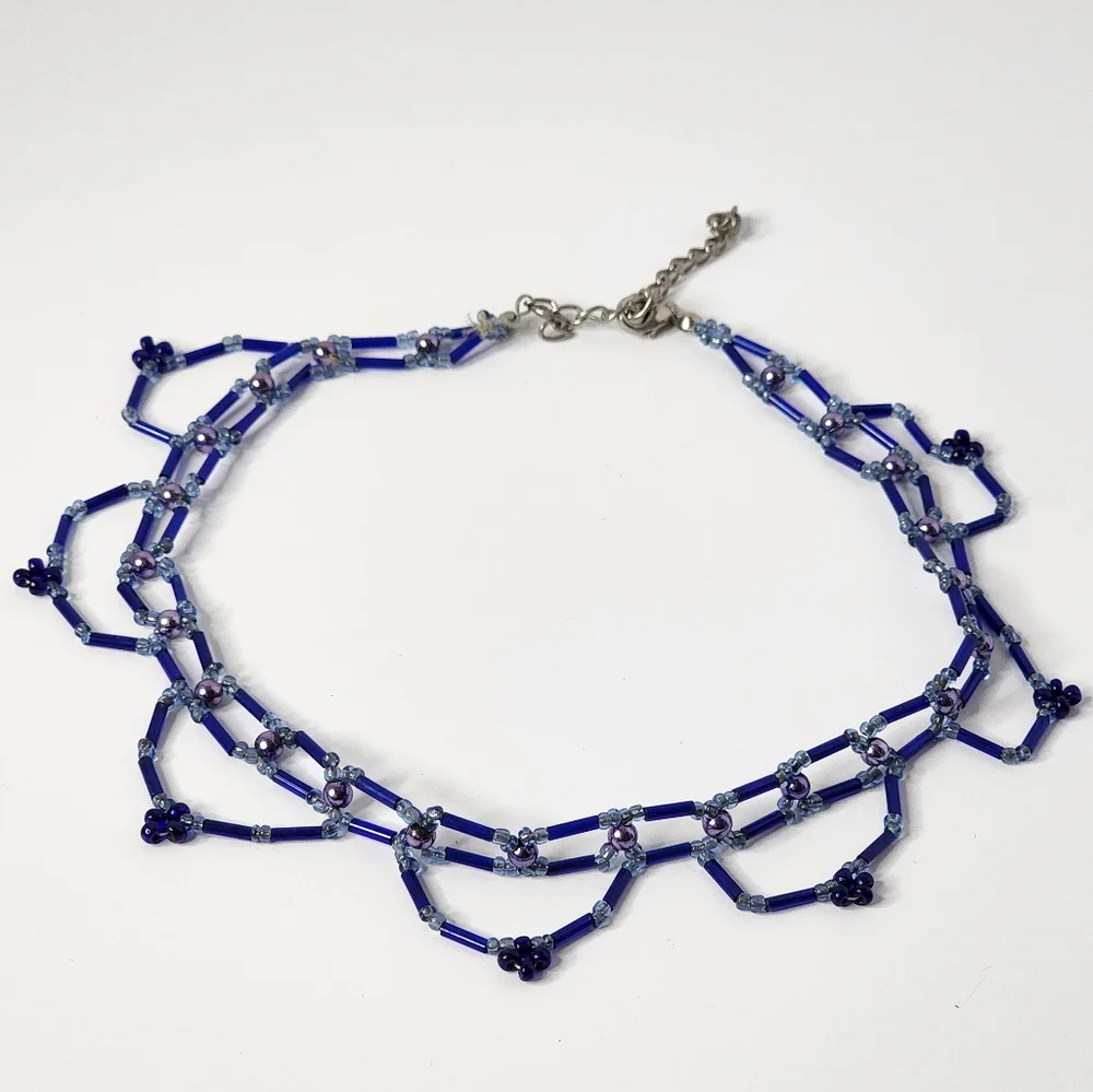 Vintage 90s Y2K Blue Beaded Choker Necklace